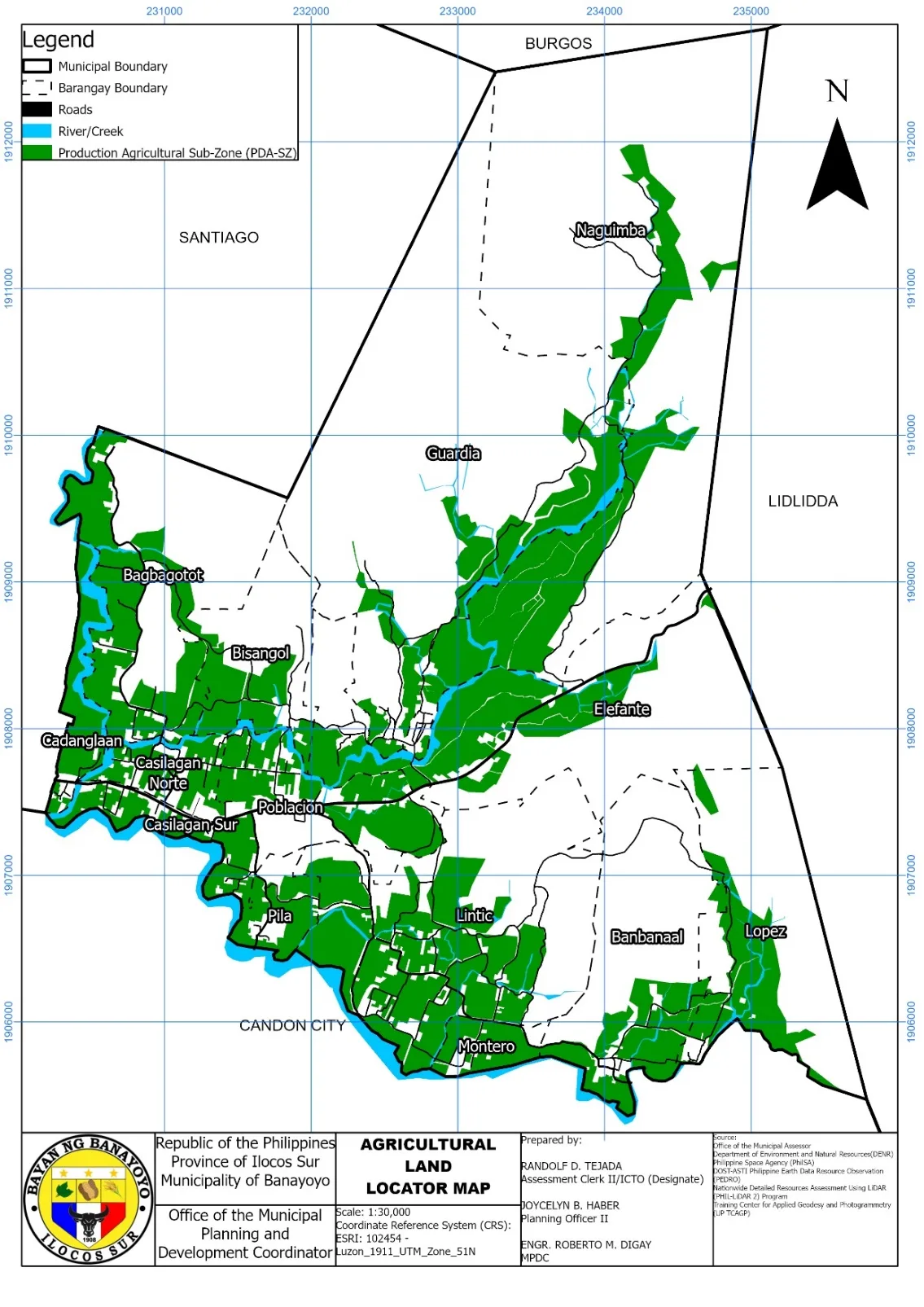 Agricultural land locator map, 1:30,000. Cultivated land in bright green along the valley floor.