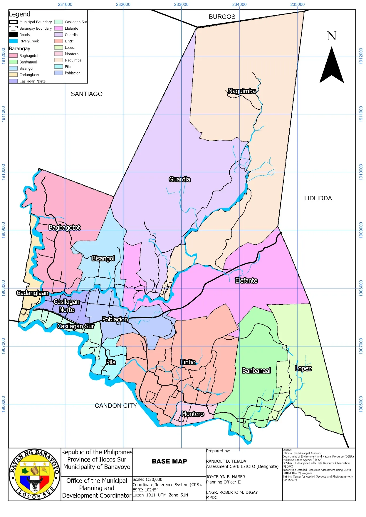 Base map, 1:30,000. All 14 barangay boundaries drawn and filled in distinct colours, with the road network and the river.