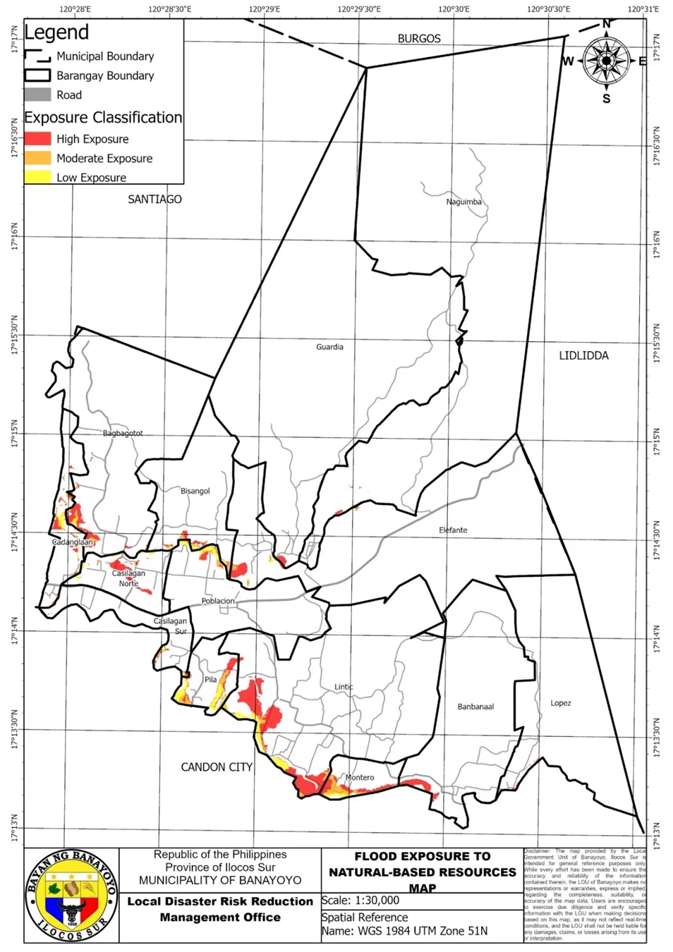 CDRA: flood exposure to natural-based resources. High exposure in red along the southwest reach of the river.