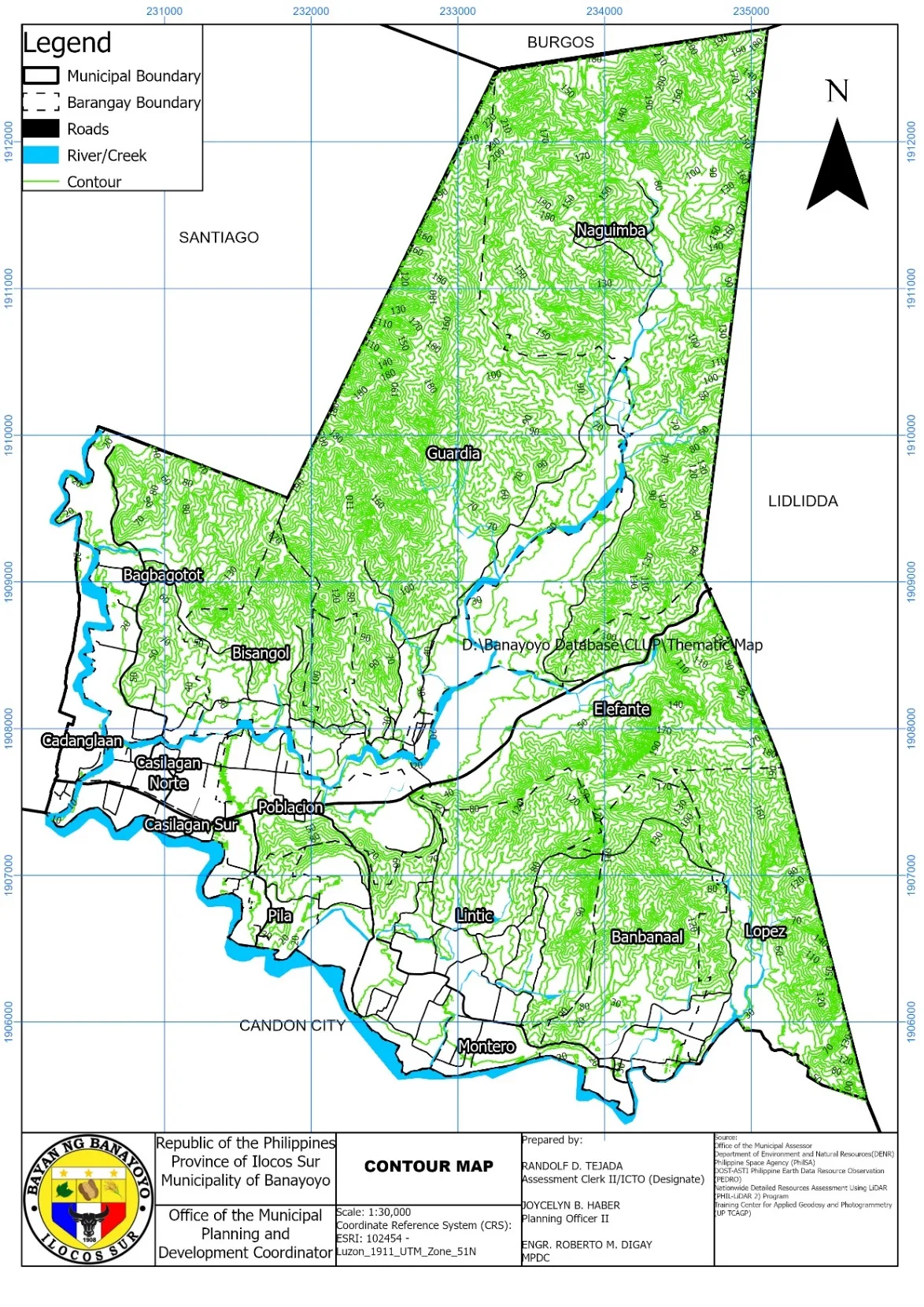 Contour map, 1:30,000, contours in green over the municipal outline.