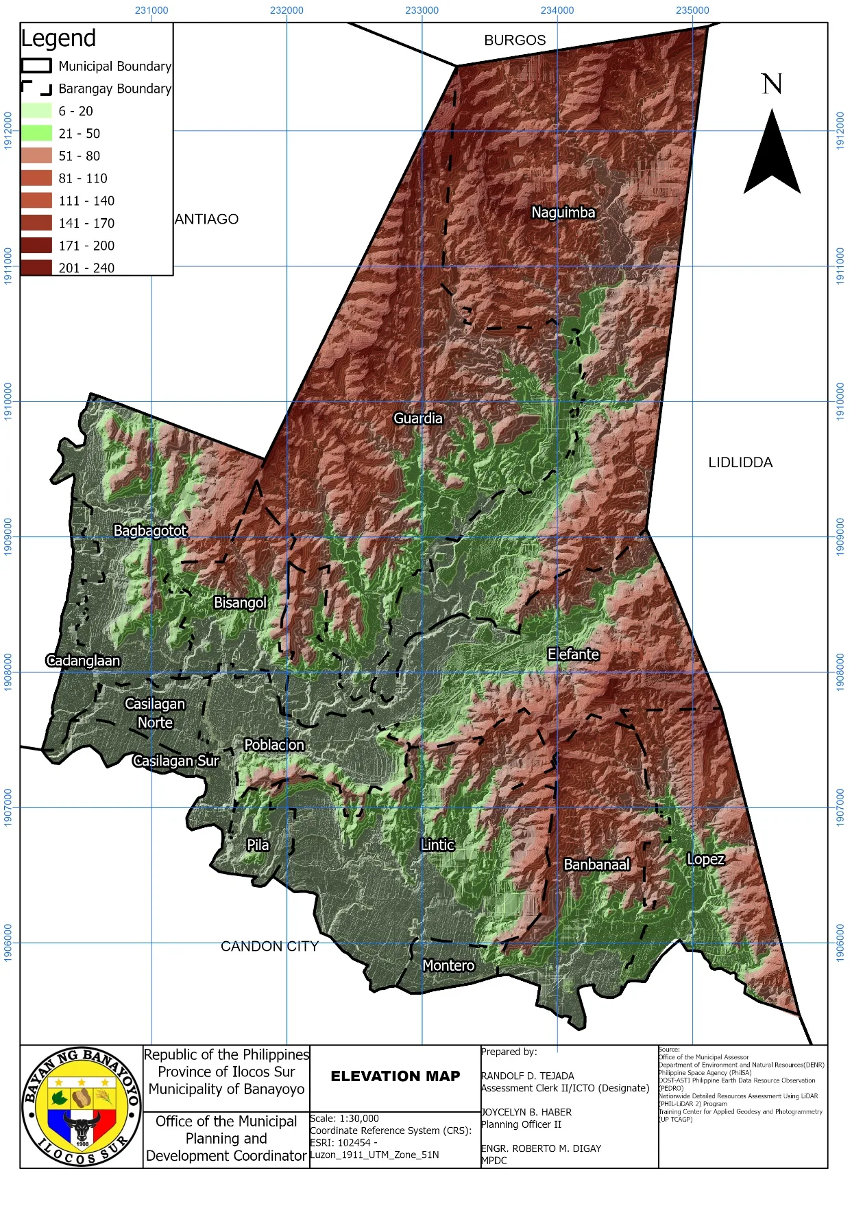 Elevation map, 1:30,000, hypsometric tint from valley floor to the 207 m peak.