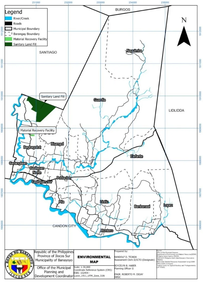 Environmental map, 1:30,000. The sanitary landfill parcel picked out in dark green in the west of the municipality.