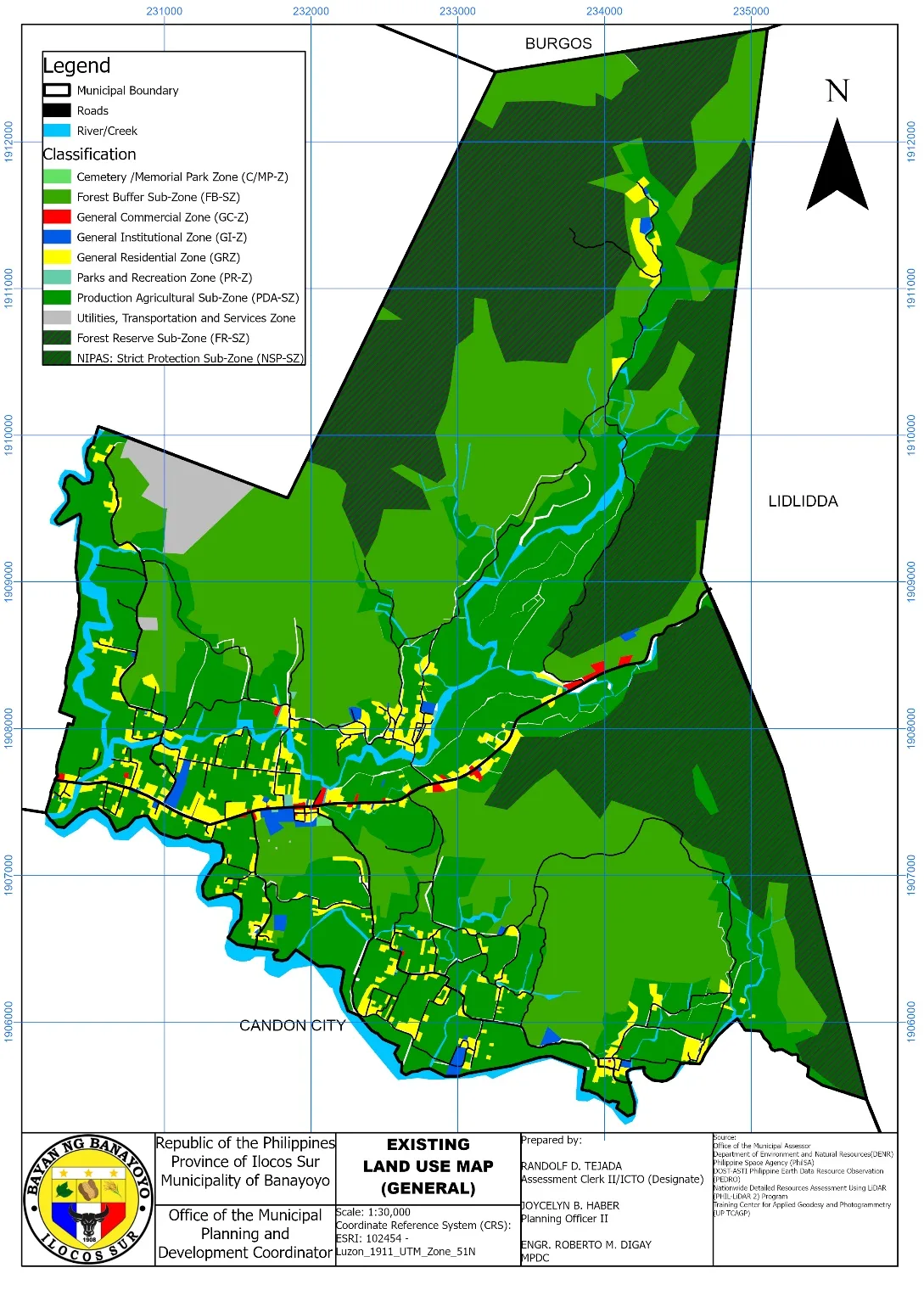 Existing land use map (general), 1:30,000. Land use classes in graded greens with built-up areas in yellow.