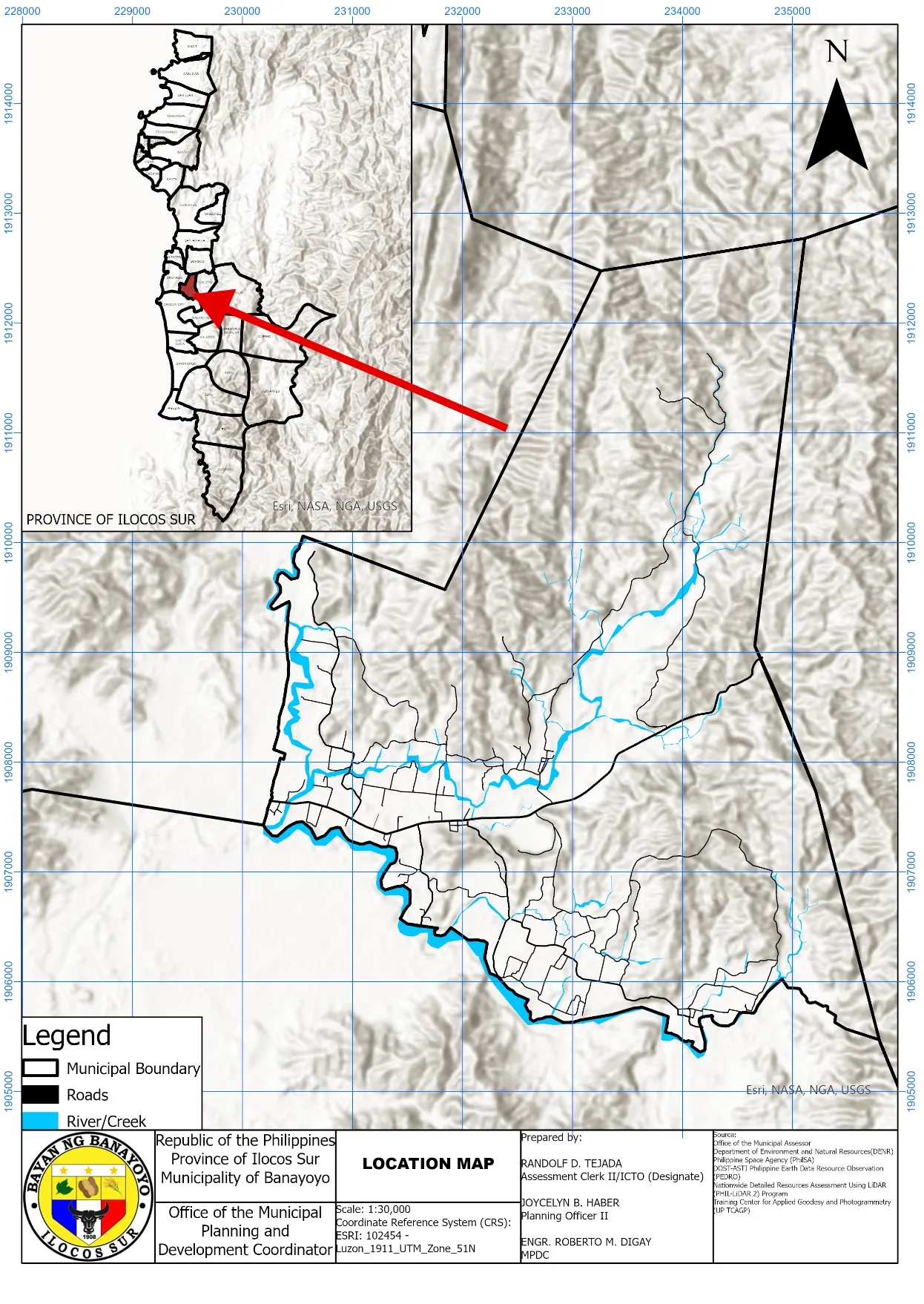 Location map, 1:30,000. Banayoyo outlined against the wider province. Carries an Esri, NASA, NGA, USGS basemap attribution.