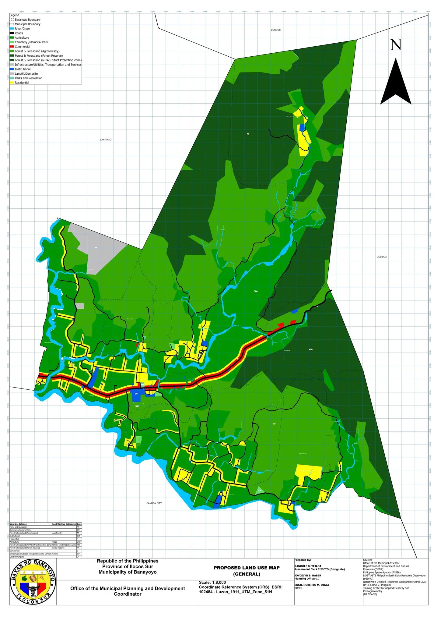 Proposed land use map (general), 1:30,000, with the class legend — institutional, residential, agriculture, forest, commercial, infrastructure, landfill.