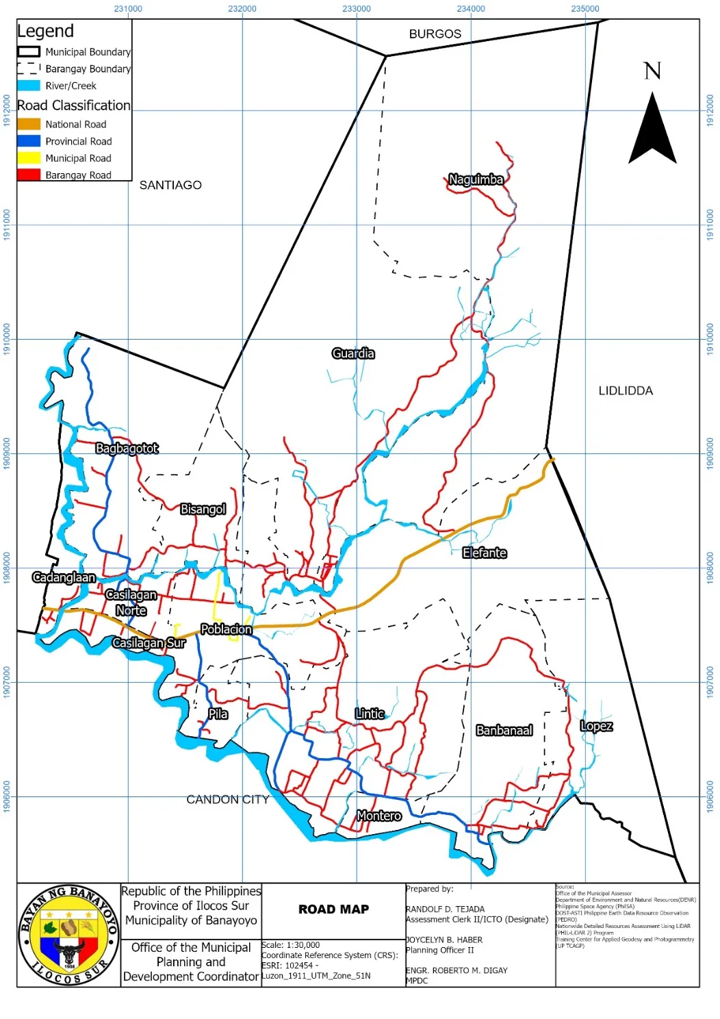 Road map, 1:30,000, national, provincial, municipal and barangay roads by colour.