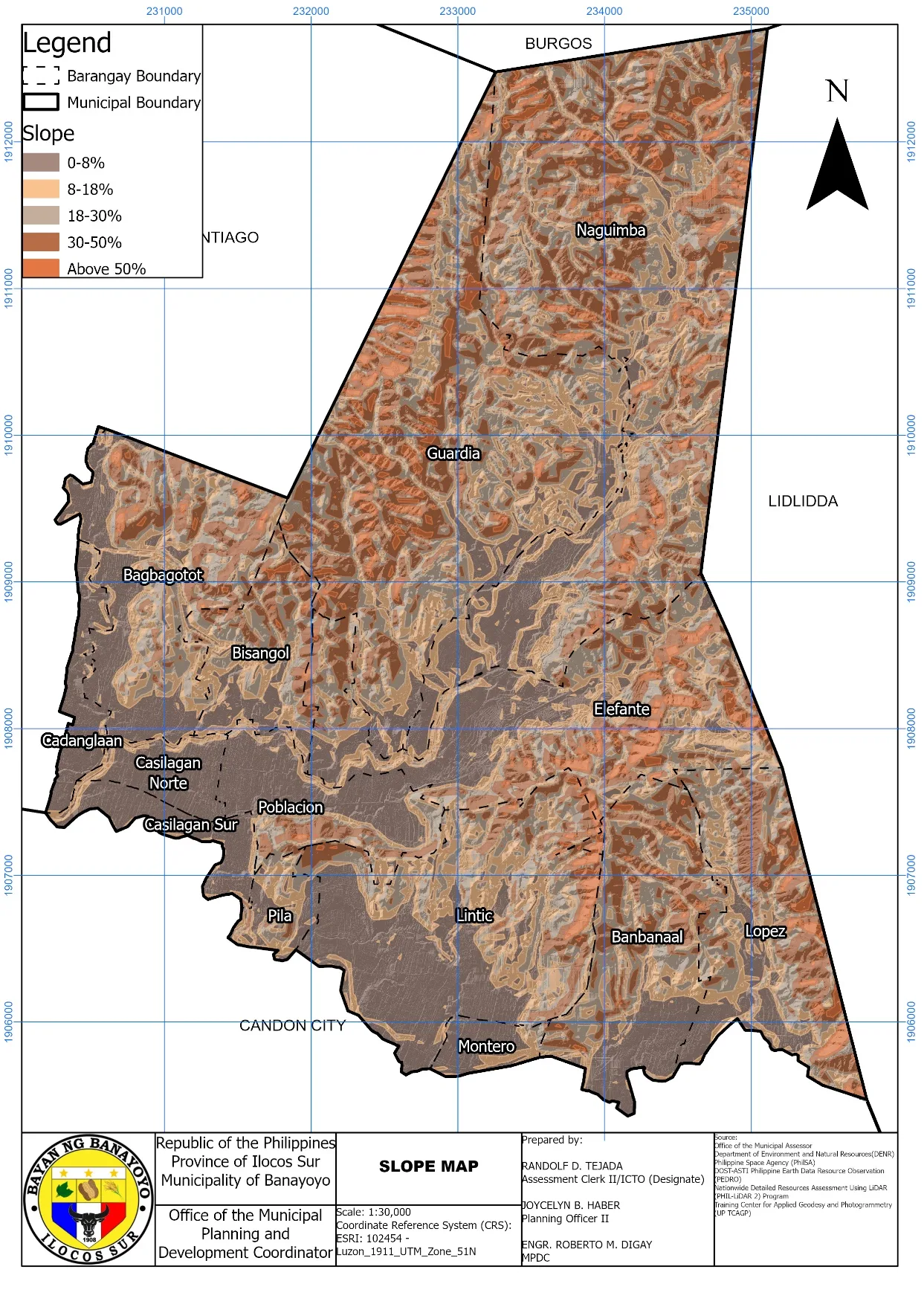Slope map, 1:30,000, graded by percentage slope class.