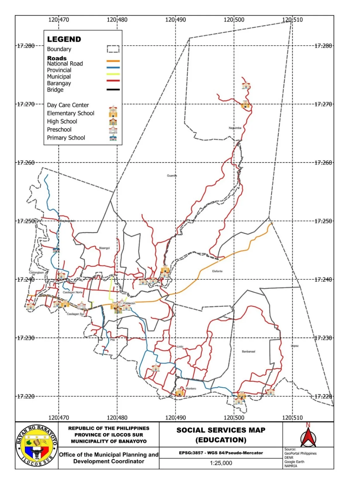 Social services map (education) — school locations as pictorial icons on the road network.