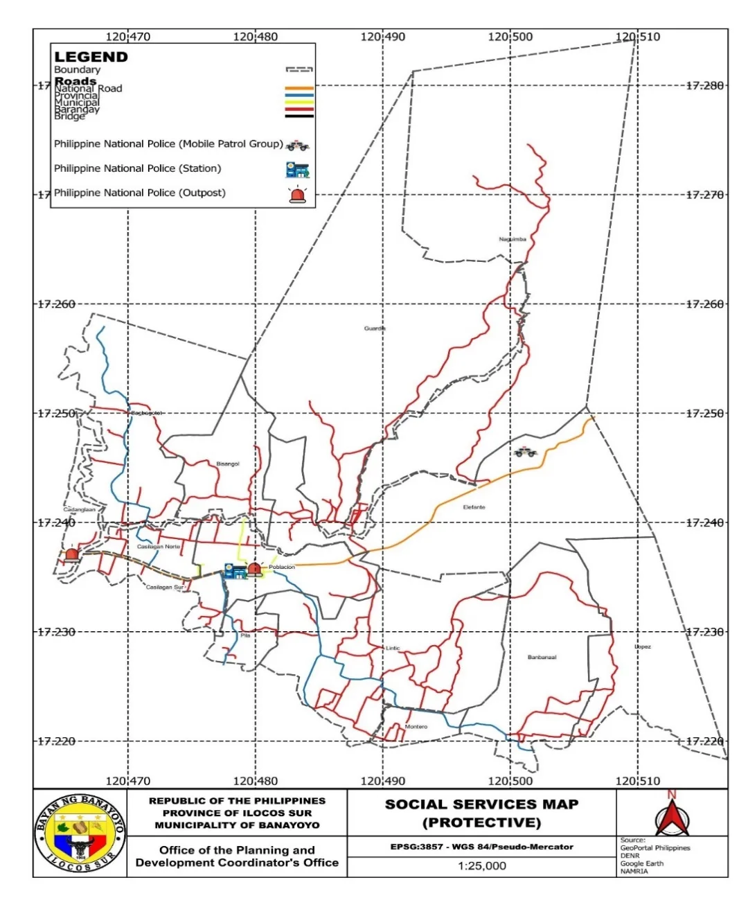 Social services map (protective) — police, fire and tanod posts. EPSG:3857, source GeoPortal Philippines.
