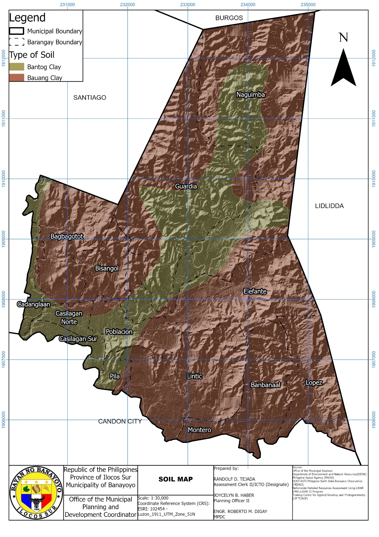 Soil map, 1:30,000, soil series in brown tones.